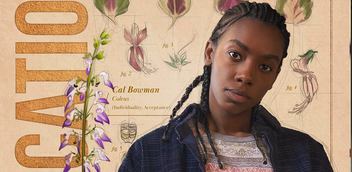 Dua Saleh as Cal Bowman on Sex Education, character photo in front of a floral background