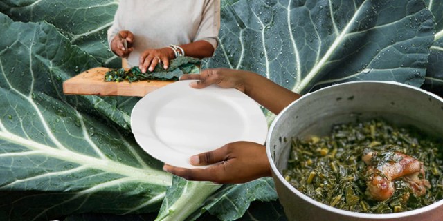 Collards, hands holding a plate, greens and chicken in a pot