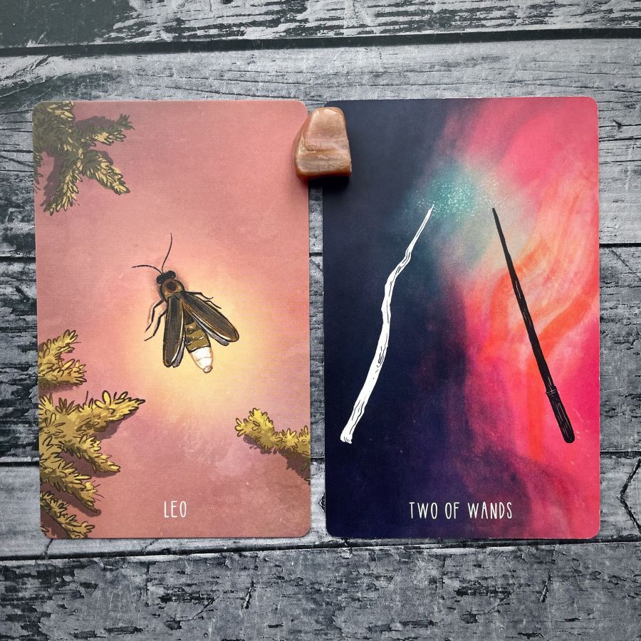  Two cards on a grey wood table:   on the left — a yellow bumble bee flies at sunset, it says Leo at the bottom  on the right — two wood wands, one white and once black, crackle against a two toned sky, it says Two of Wands on the bottom