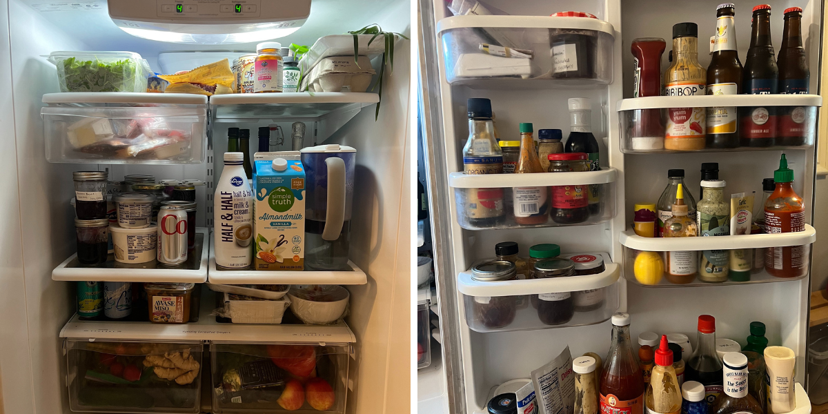 two images of vanessa's fridge depicting what's on her shelves as well as what is in her door. on her shelves are various milks, diet coke, produce and a brita. in her door are beer and wine, various condiments