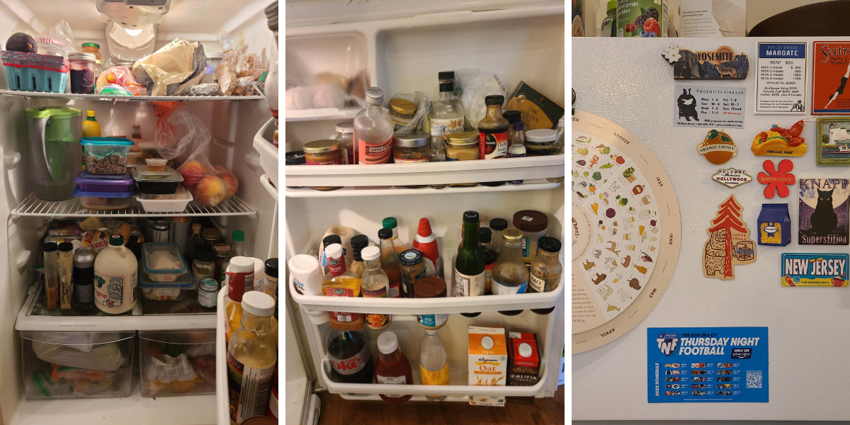 three images of anya's fridge, one showing the inside, the other the door and the last the outside with their seasonal produce wheel and part of their collection of fridge magnets from her and her partner's travels. inside the fridge are various milks, fresh produce, avocadoes, a brita, cans, homemade caramels and a giant jug of maple syrup