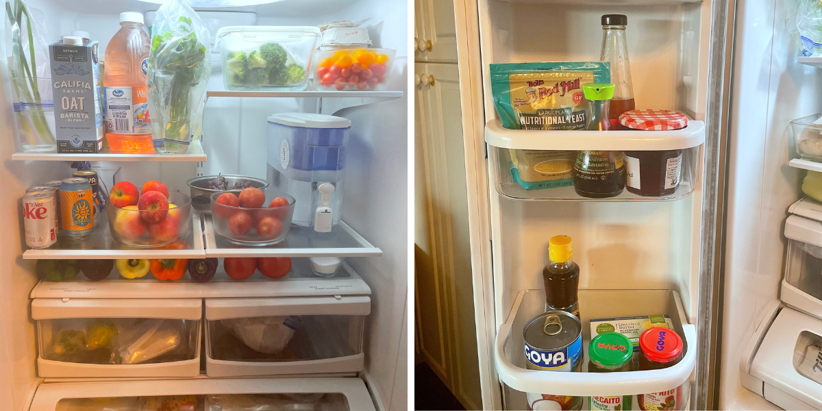 carmen's immaculately organized fridge situation is seen here in two photos, the one on the left showing the main inside of the fridge where fresh fruit is the star, along with peppers a brita, a couple of beers and diet cokes and oat milk, then the fridge door shows off no condiments, but goya products instead