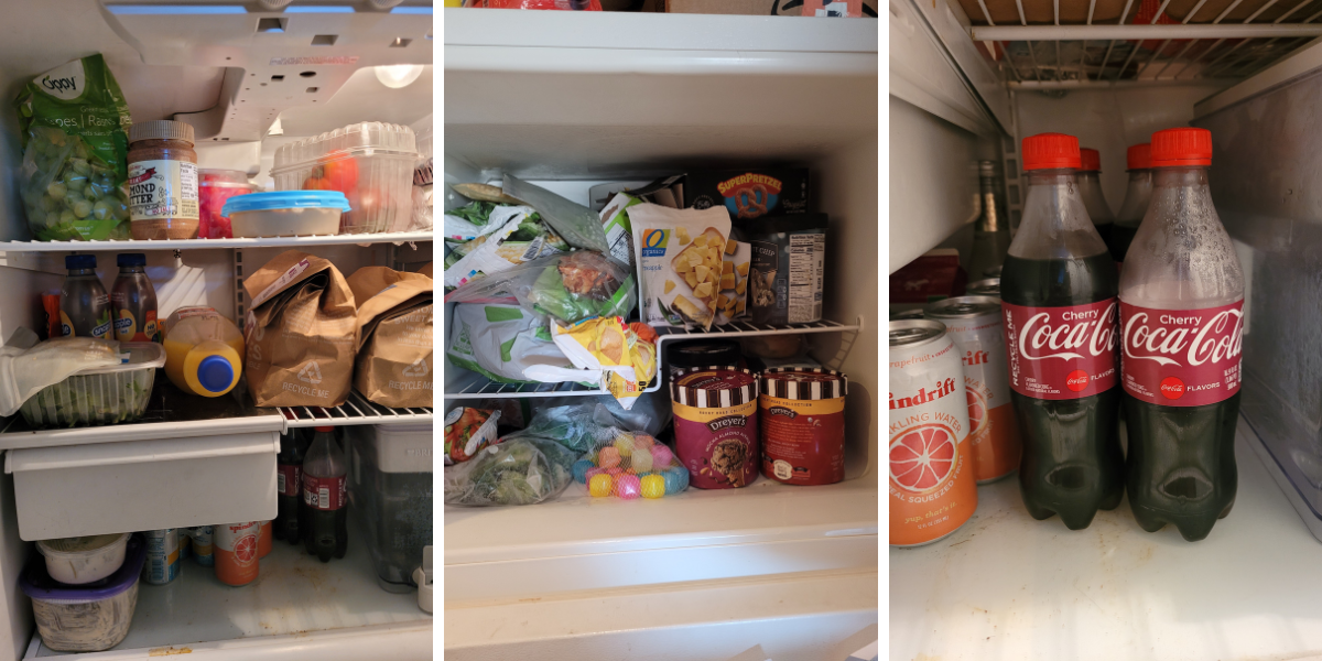 three pictures of sai's fridge showing on the left the inside of the fridge itself and the fruits, snacks and other items for the week, then the freezer with everyone's different ice creams, and then a close up of the incredibly important cherry cokes