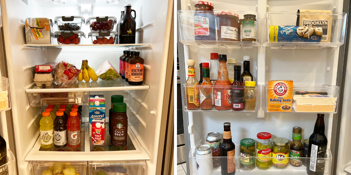 heather's very neatly arranged fridge is seen here in two pictures showing kombucha, craft beer, condiments, fresh fruits, lots and lots of gatorade, jam, an unopened canister of cinnamon rolls and various hot sauces