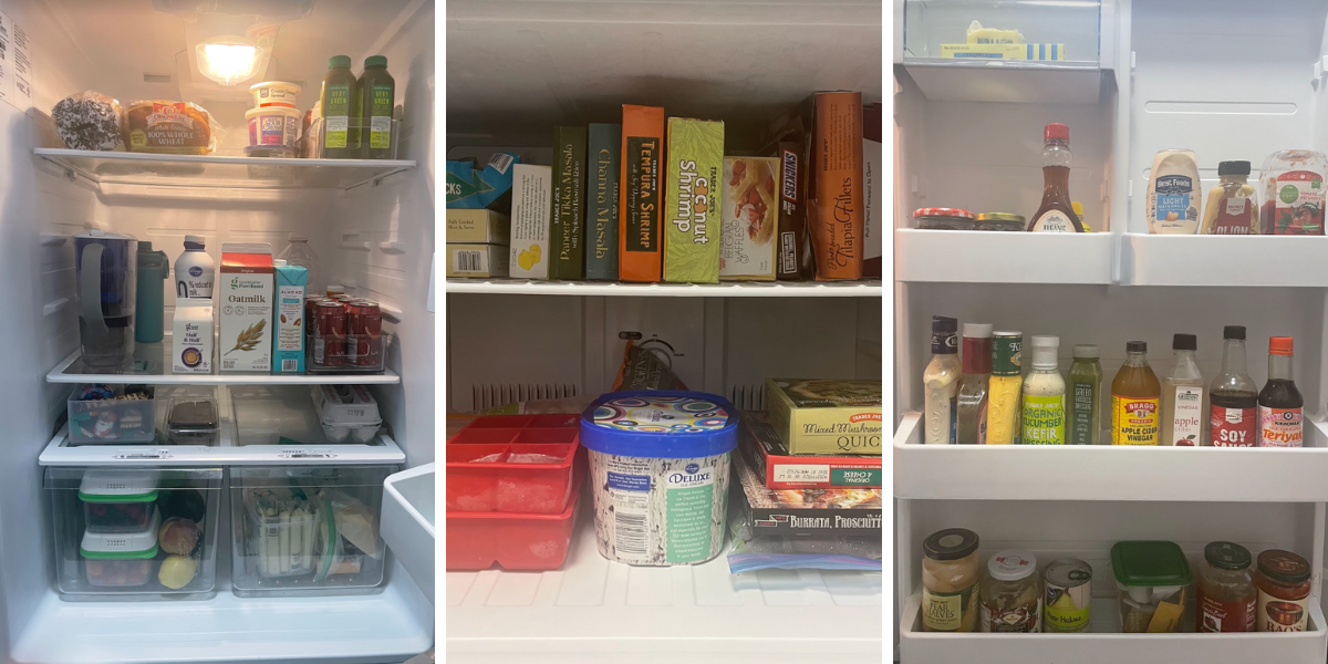 riese's neatly organized fridge showing on the left various milks, green juices, hello fresh bags, in the center a freezer full of trader joe's items, and on the right the fridge door full of salad dressings, condiments, and maple syrup