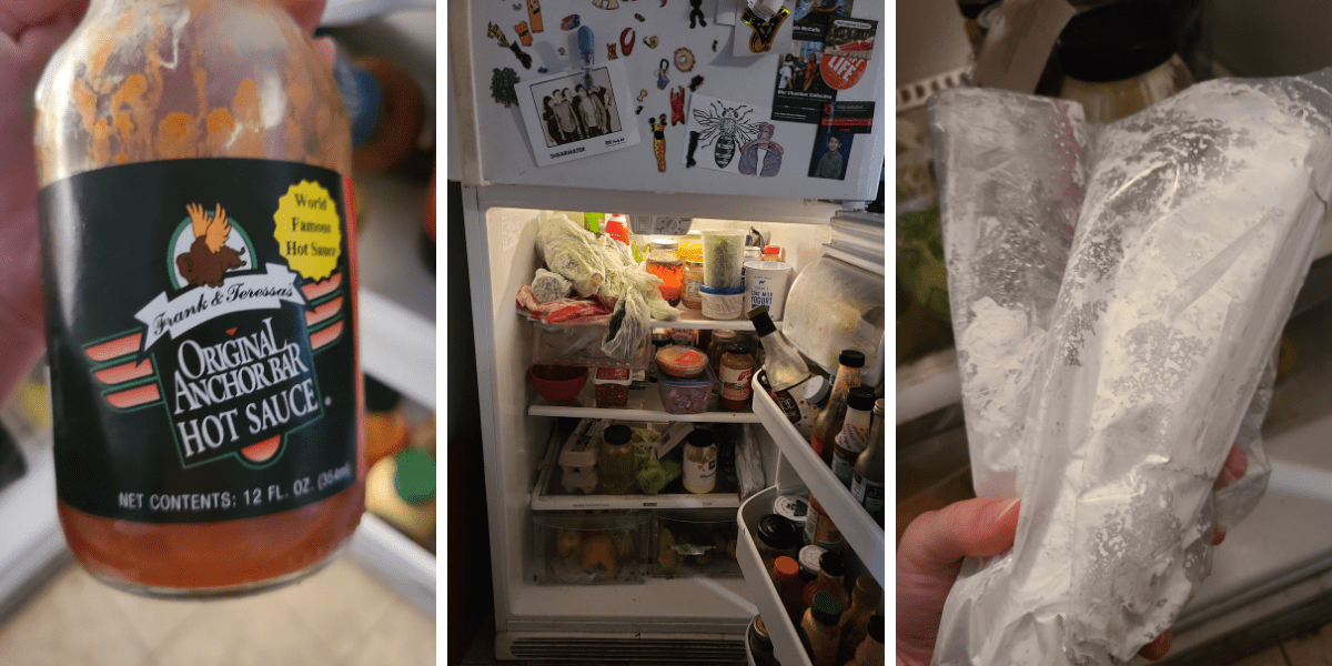 three photos of nico's fridge and contents. center shows their recent grocery shop haul with eggs, produce and hummus along with various unlabeled jars of liquids. then there is a close-up photo of anchor bar buffalo sauce and another close up photo of paint rollers in plastic bags