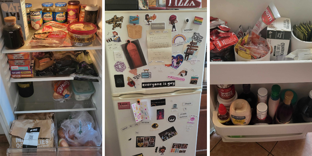 three images of valerie's fridge showing a stack of fake meats, hello fresh bags, hummus and oat milk, the outside of her fridge with the magnets she made out of stickers, and the fridge door which contains candle holders for condiment packets
