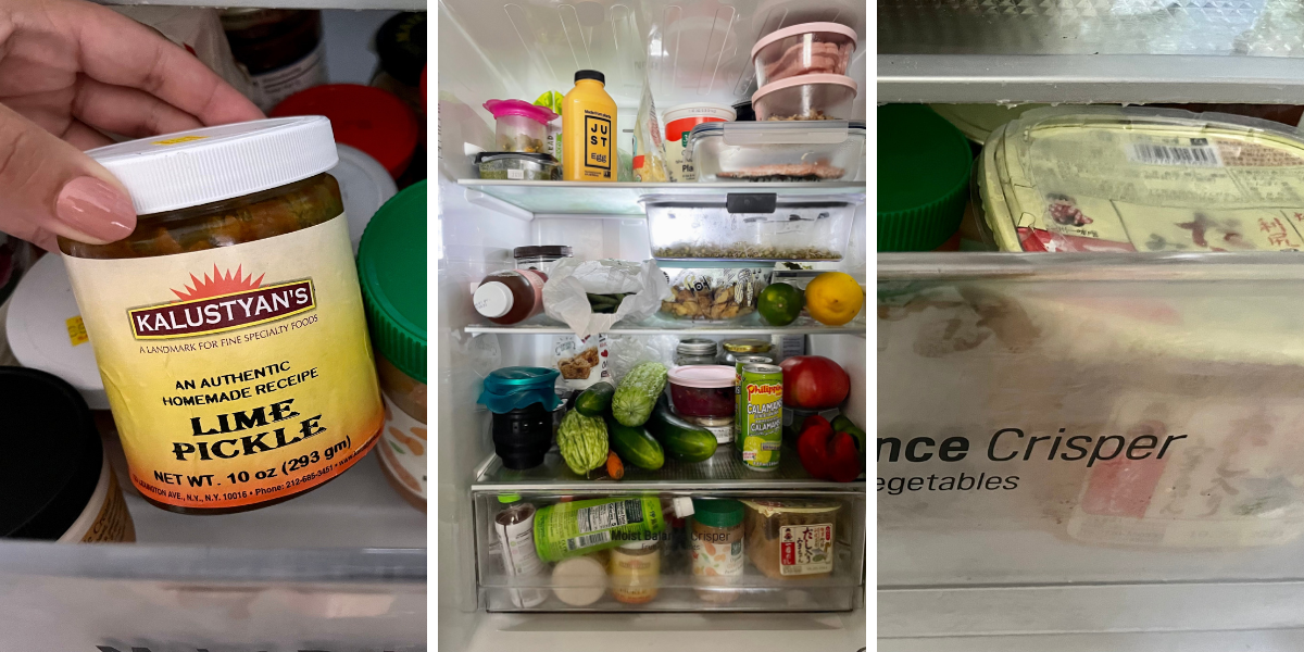 ashni showing a jar of lime pickle, and the condiment drawer they talk about as well as a fridge with produce front and center and a brightly colored container of just egg