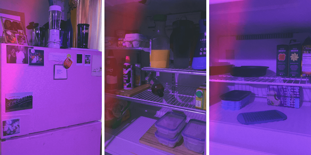 three photos of shelli's fridge showing the outside with photos of her loved ones, the inside with eggs, milks, whipped cream and other items for coffee, and the freezer with ice, snacks and a blender on top of the fridge