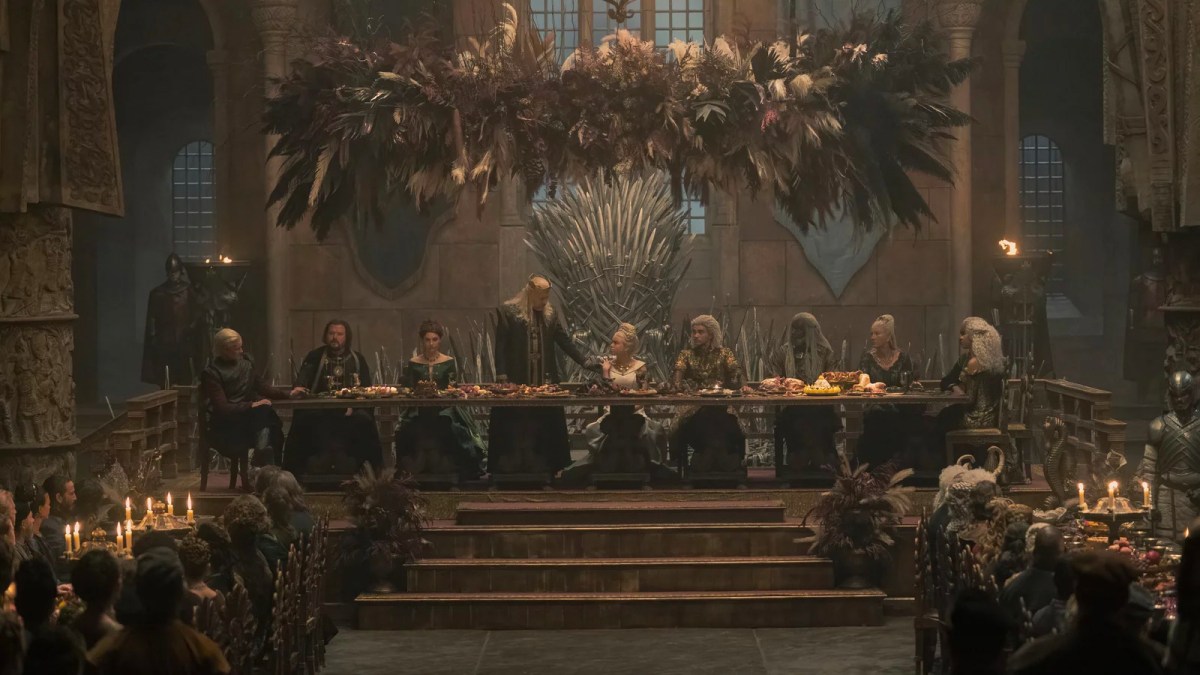 The bride and doom of Valyria: (L-R) Matt Smith, Gavin Spokes, Emily Carey, Paddy Considine, Milly Alcock, Theo Nate, Steve Toussaint, Eve Best, Wil Johnson, Savannah Steyn.