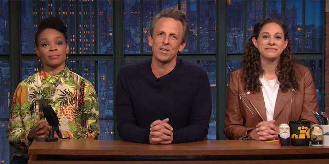Seth Meyers, Amber Ruffin and Jenny Hagel on the set of Late Night With Seth Meyers