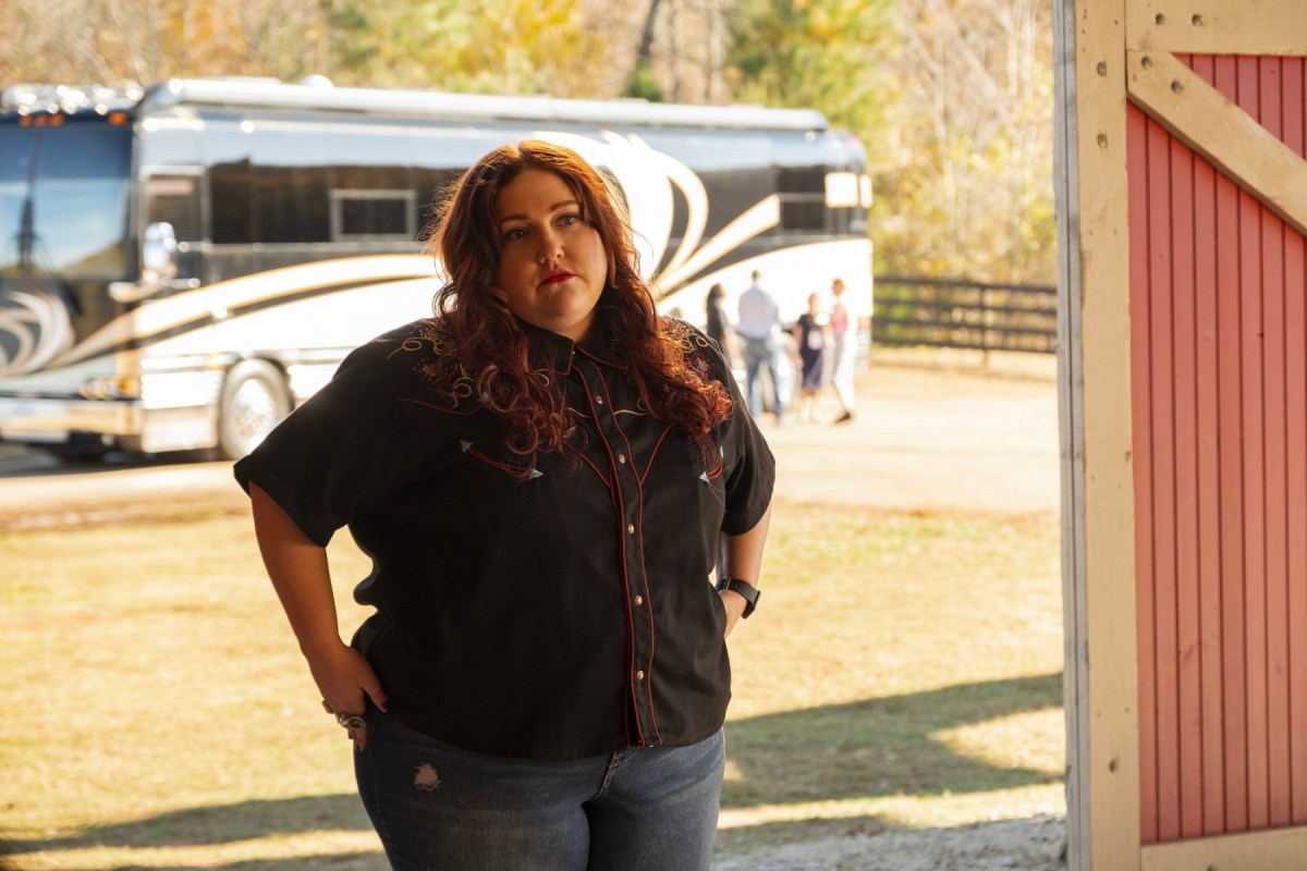 Beth Ditto in a cowgirl shirt on a farm, playing Gigi in Fox's new country music series, Monarch. 