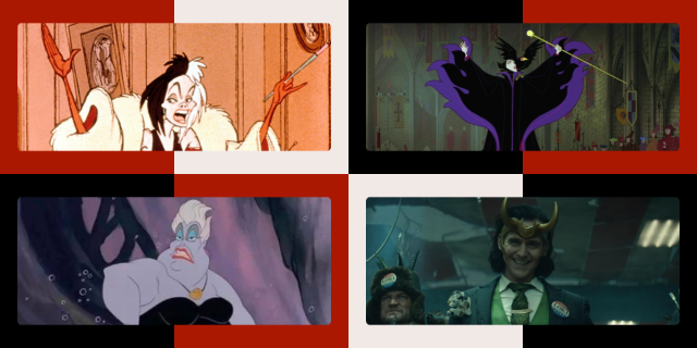 Photo 1: Cruella. Photo 2: Maleficent. Photo 3: Ursula. Photo 4: Loki.