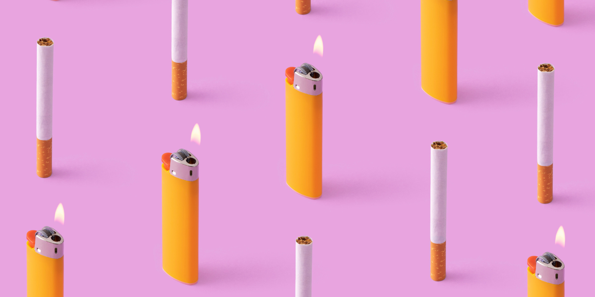 a row of cigarettes and a row of lighters