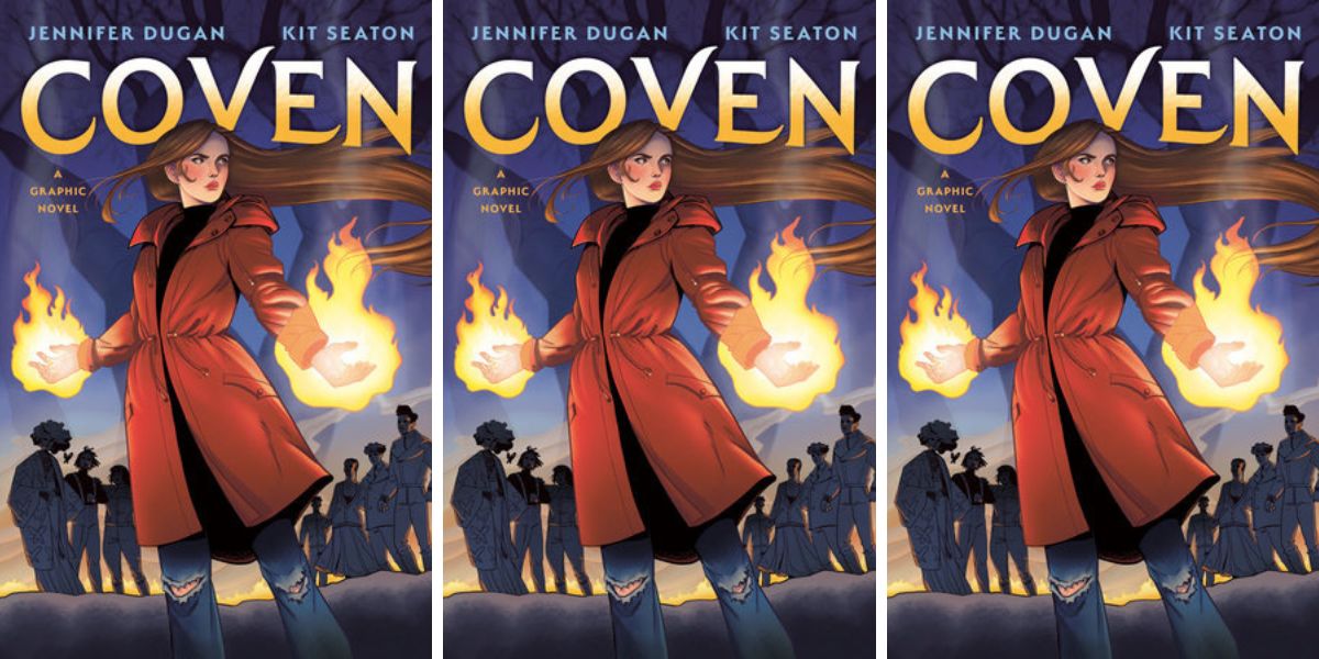The "Coven" graphic novel book cover features a witch in a red trench coat holding fire in both of her hands.