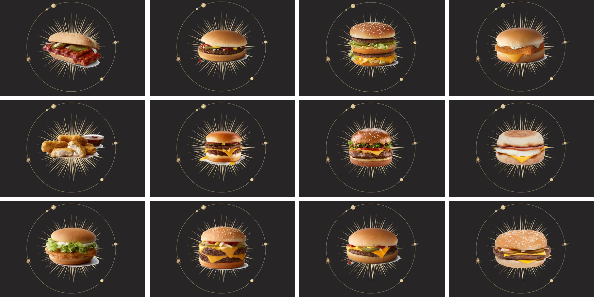 A constellation of astrological graphics featuring sandwiches from the McDonald's menu