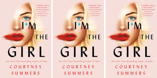 Three images in a row of the pink cover of the book I'm The Girl. It features a blonde girl with dark brows and smeared red lipstick on a pink background.