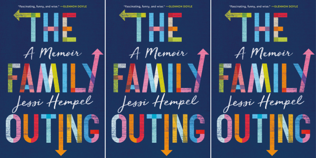 Three identical images for the cover of The Family Outing, which is written in rainbow letters on a blue background, with arrows on some of the letters.