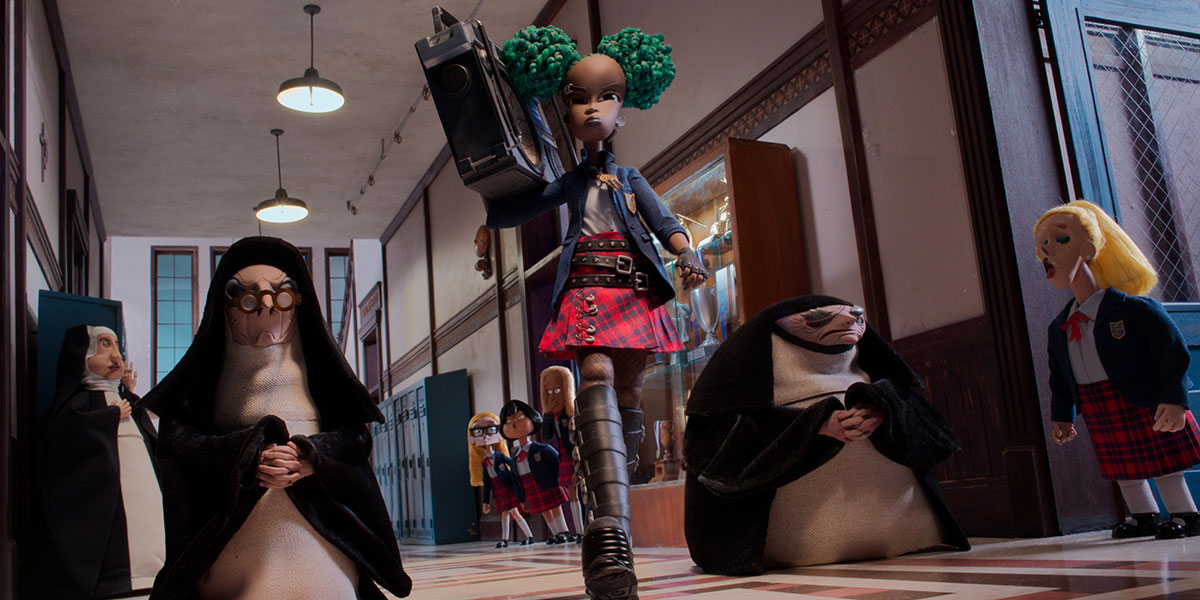 In Henry Selick's signature animation style, a goth Black girl with green hair walks past students and nuns holding a big boombox.