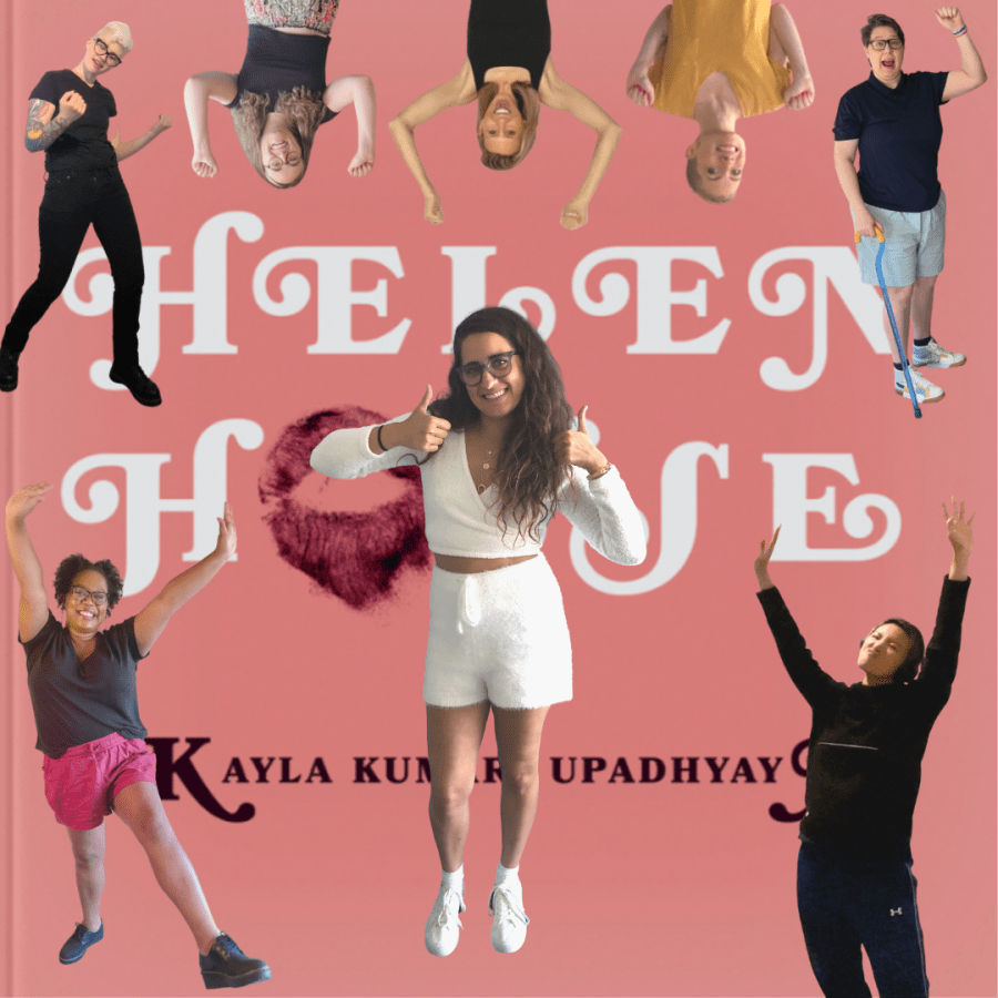 A collage of the senior team in front of Kayla's book, Helen House. Kayla is center, and Viv, Carmen, Heather, Nico, Laneia and Riese are surrounding, arms upraised in celebration.