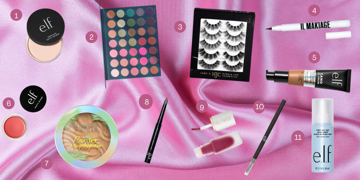A collage of makeup products on a background of pink/purple billowy silk