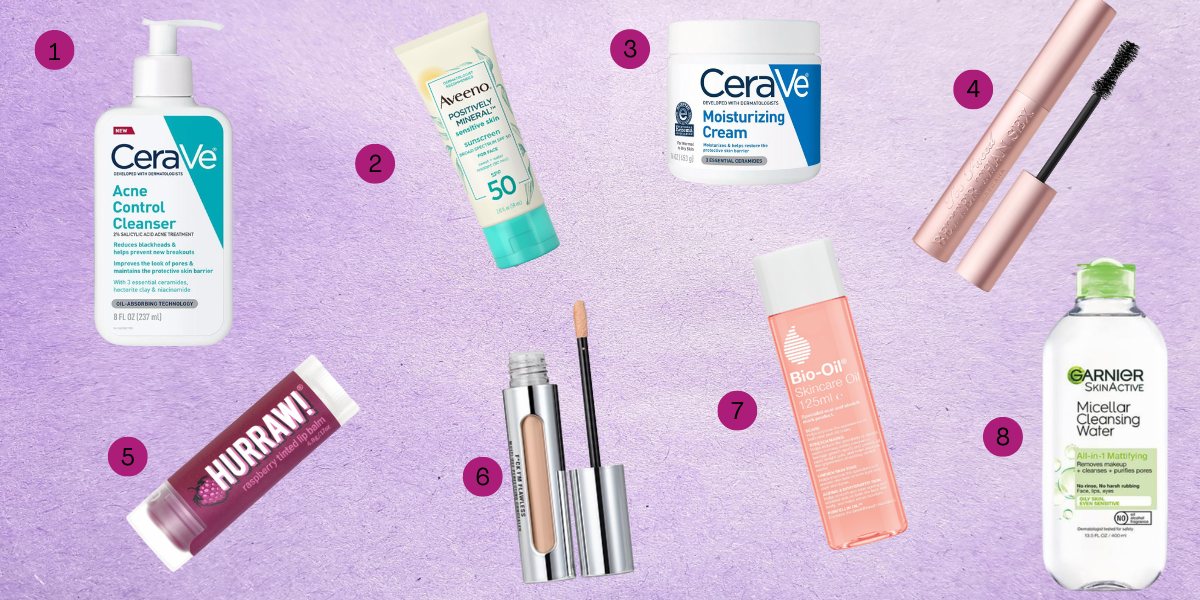 A collage of beauty products on a purple background