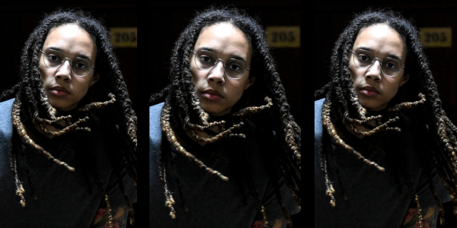 Three images of Brittney Griner against a black background, she looks serious and her dreadlocks are hanging