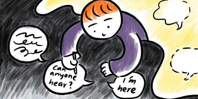 Yao is a cartoon image of an Asian person with red hair who is writing thought bubbles on top of an abstract black and yellow background: "can anyone hear?" and "I'm here"