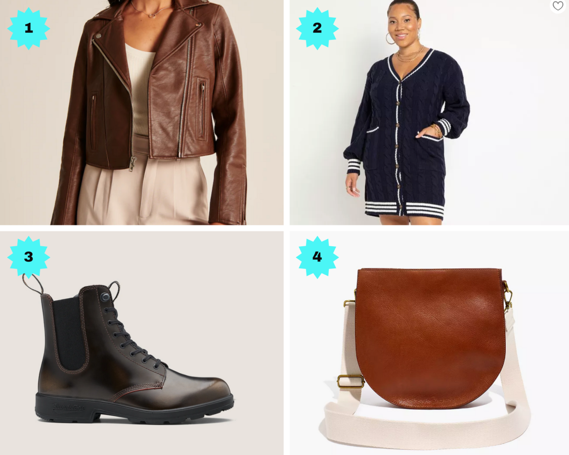Photo 1: A brown vegan leather motojacket. Photo 2: A navy and cream cardigan dress. Photo 3: A lace-up brown boot. Photo 4: A brown leather saddlebag with thick cream strap.