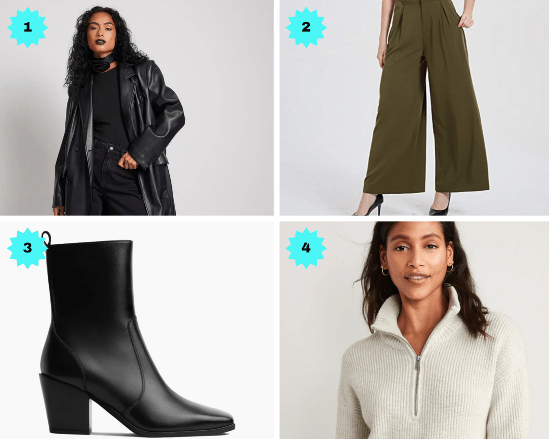 Photo 1: A black blazer coat. Photo 2: A wide leg dark green trouser. Photo 3: A heeled black boot. Photo 4: A rib knit quarter-zip sweater