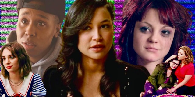 A collage of cut out images from famous TV coming out scenes, in front of a blurred tv background, left to right: Robin from Stranger Things, Denise from Master of None, Santana from Glee, Naomi from Skins, and Elena Alvarez from One Day at a Time