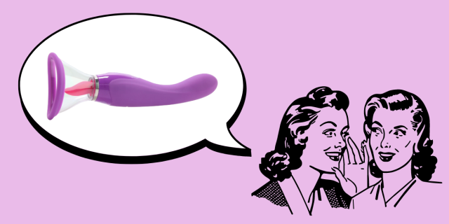 In the bottom right corner of the image, there is a black line drawing of two women with 1950s hairstyles whispering to each other against a pink background. In the upper left corner, there is a speech bubble. Inside the speech bubble, there is an image of Her Ultimate Pleasure, a purple sex toy with a dildo-shaped portion on one end and a clear, plastic cone around a small, pink tongue on the other end.