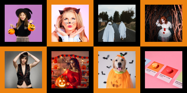 A witch costume, a cat costume, a ghost costume, a clown costume, a Shane costume, a devil costume, a pumpkin costume, and Pantone swatches