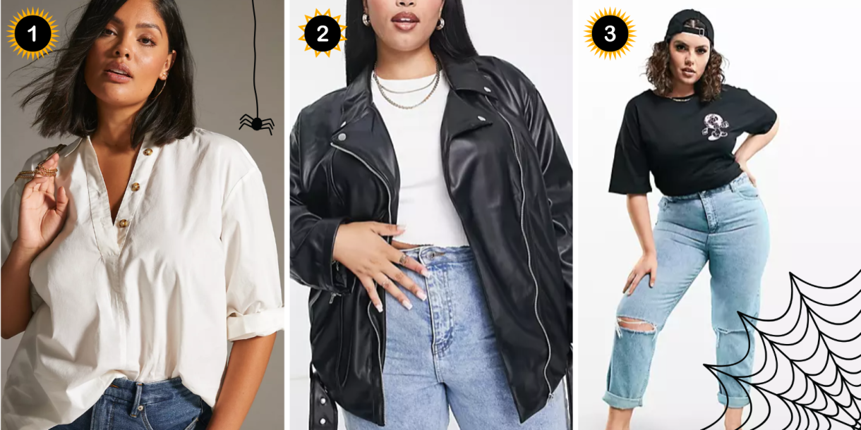 Photo 1: A half button white henley. Photo 2: A leather moto jacket. Photo 3: A pair of high waisted ripped denim jeans.