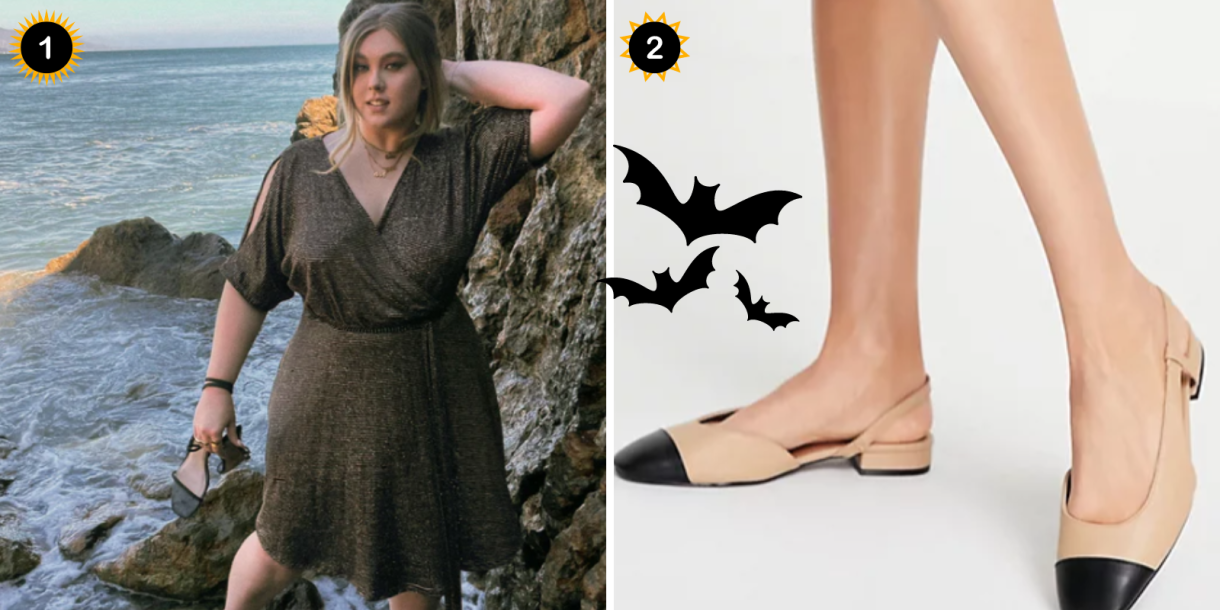 Photo 1: A metallic mid length dress. Photo 2: A pair of cream and black pointed flats.