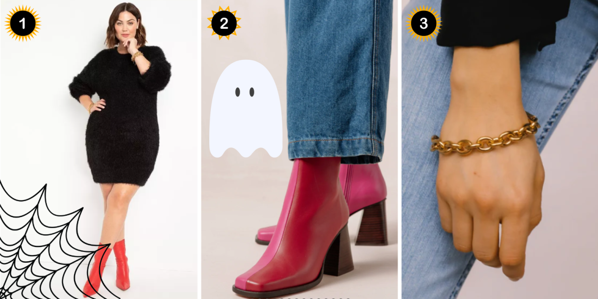 Photo 1: A black faux fur sweater dress. Photo 2: A pair of heeled leather boots that are colorblocked with pink and red. Photo 3: A gold chain bracelet.