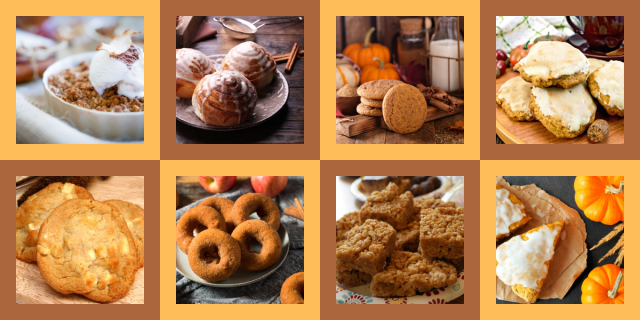 An array of pumpkin flavored baked goods