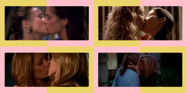 Photo 1: Jadzia Sax and Lenara Kahn make out on DS9. Photo 2: Calista Flockhart and Lucy Liu kiss on Ally McBeal. Photo 3: Alex and Marissa kiss on The O.C. Photo 4: Winona Ryder and Jennifer Aniston kiss on Friends.