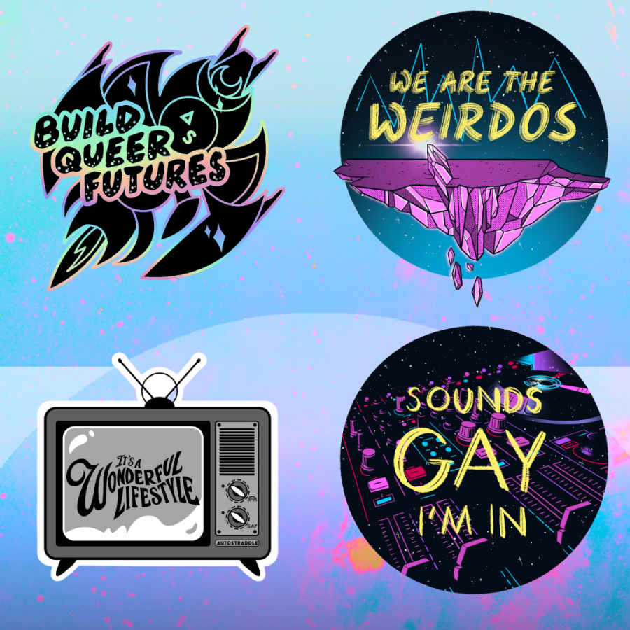 4 stickers, one that was holographic that said "build queer futures" a sticker with a crystal landscape that said "we are the weirdos" a sticker with a black and white TV set that said "it's a wonderful lifestyle" and a sticker with a sound mixing situation that says "sounds gay, i'm in"
