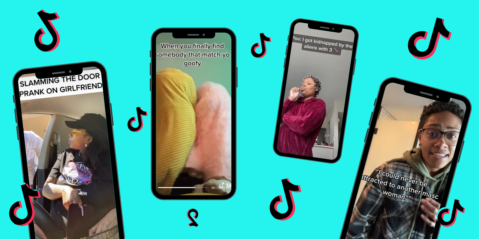 Four phones with screenshots of various TikTokson a light teal background, the TikTok logo floats in between them all