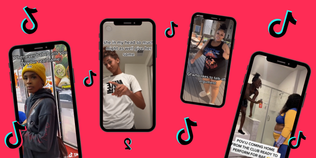 Four phones with screenshots of various TikTokson a light teal background, the TikTok logo floats in between them all