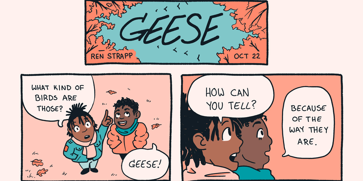 In a three panel comic the colors of dark and light peach and also turquoise, it says "Geese" in bold letters. Beneath it are two Black people, one person asks the other what type of bird they are looking at. The answer is "Geese." The first person asks, how can you tell?