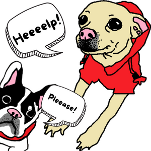 an MS paint style carol the dog in a red hoodie looking pleadingly, desperately at the viewer with a cartoon speech bubble that reads "heeeelp!" and then there is lola peeking in from the side and saying in a word bubble "pleaaaase!" lola is a black and white french bulldog.