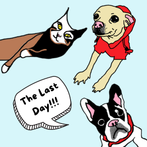 MS paint style drawings depict a cat and two cute dogs. there is carol in a red sweatshirt. the cat is calico, the other dog, a french bulldog says in a cartoon speech bubble "the last day!!!"