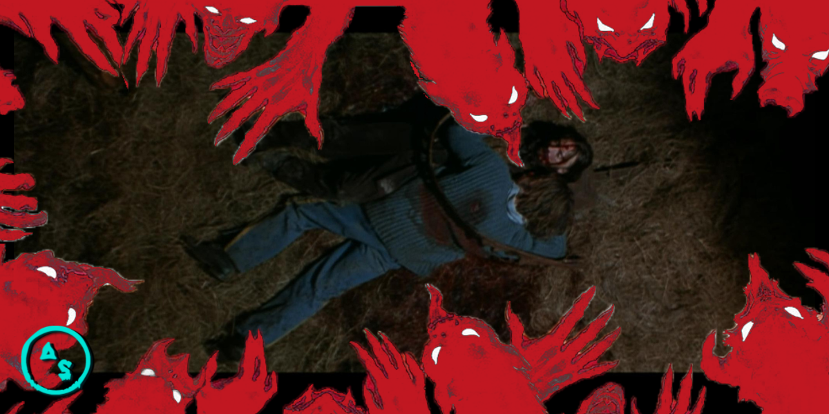 Two men from the movie Ravenous lay on the ground, bloodied. One is eating the other. Red demons creep in from the edges.