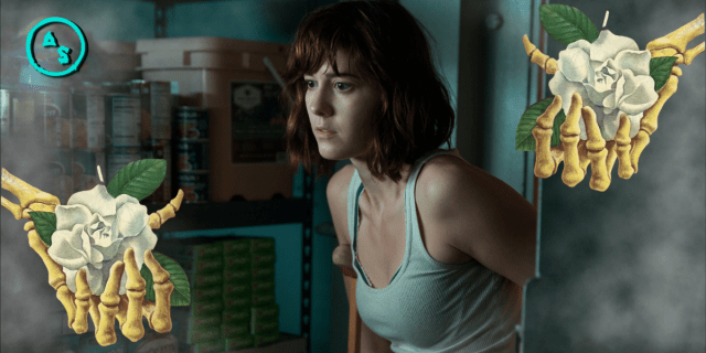 Mary Elizabeth Winstead in 10 Cloverfield Lane wears a tank and is surrounded by skeleton hands holding out flowers
