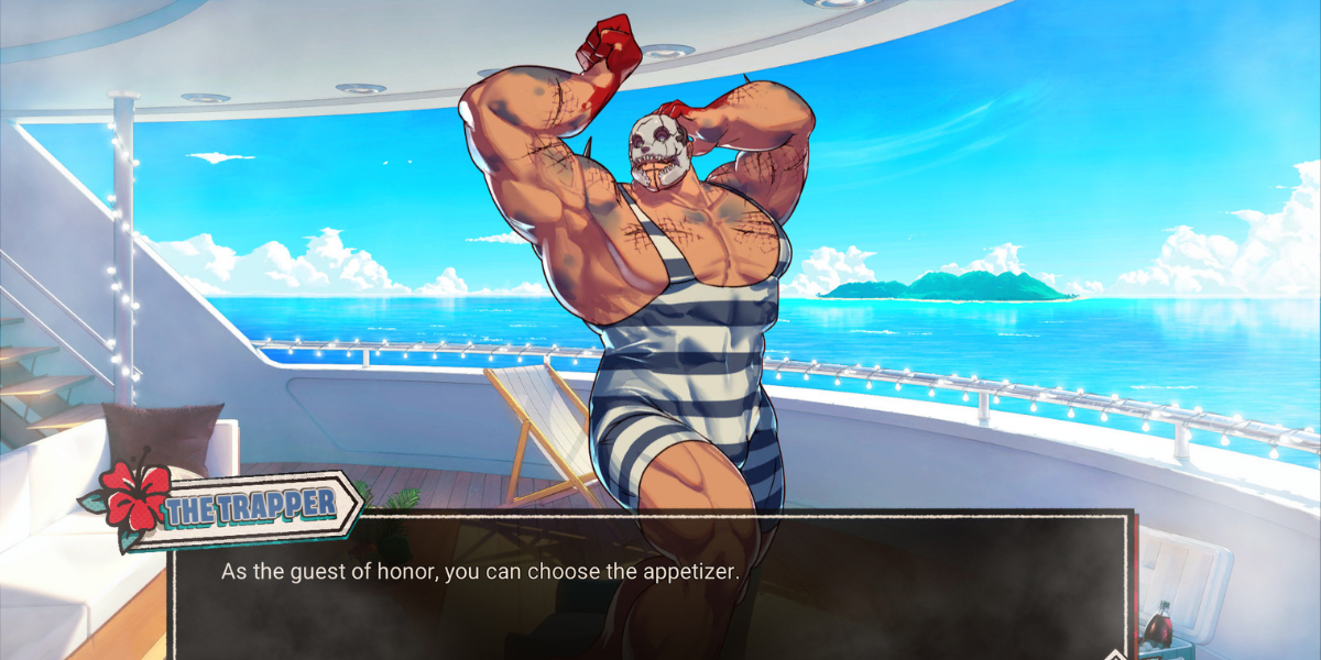 The Trapper in Hooked on You: A Dead by Daylight Dating Sim poses with flexed muscles in a singlet. He's saying "as the guest of honor, you can choose the appetizer"