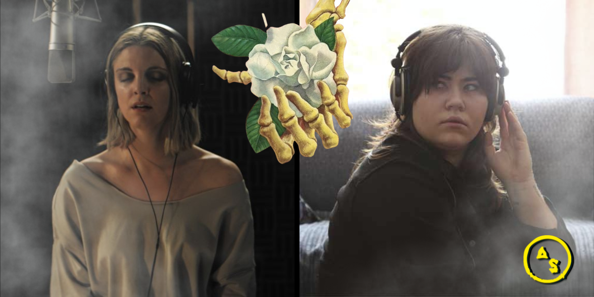 Lauren Beatty as Grey in Bloodthirsty and Teagan Johnston as Catherine in The Strings wear headphones. A skeleton hand holding a flower reaches between them.