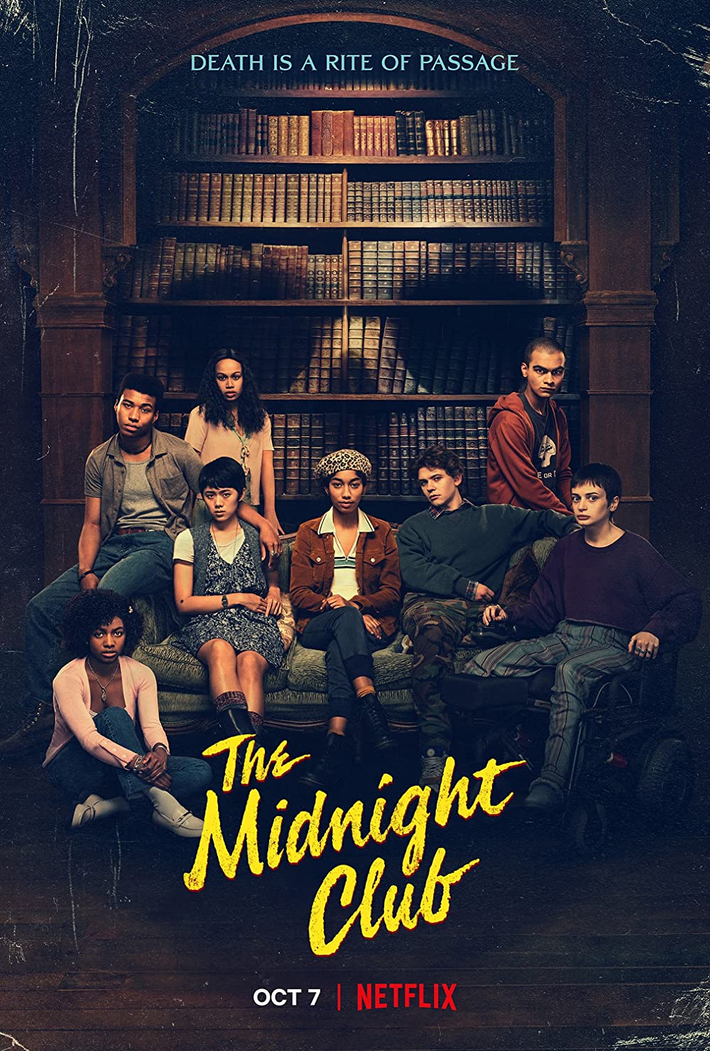 the cover of the midnight club showing a group of dark academia style students seated in a dark room in front of a book case shaped like a skull