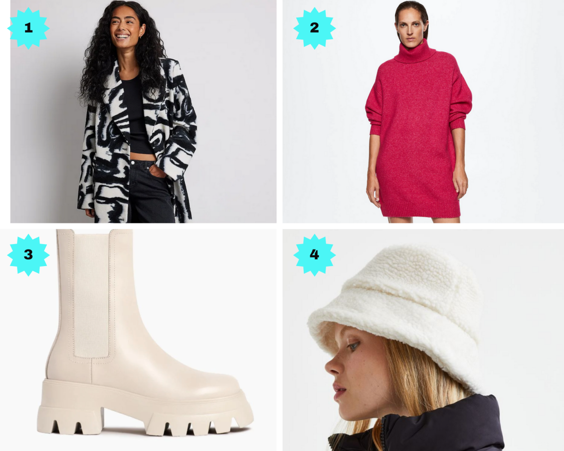 Photo 1: A multiprint black and white maxi coat. Photo 2: A pink longsleeved turtleneck sweater dress. Photo 3: A cream chunky boot. Photo 4: A white fuzzy bucket hat.